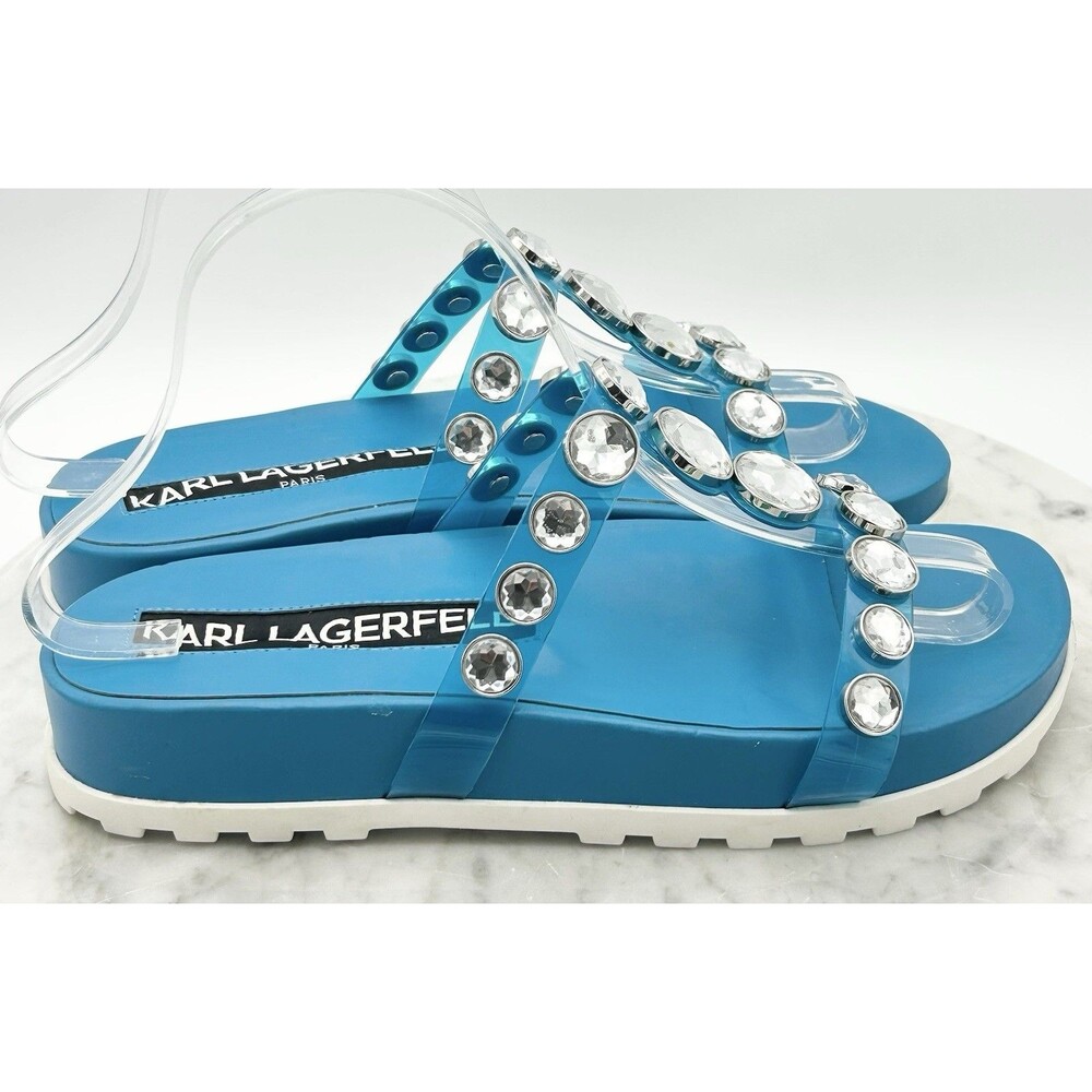Karl Lagerfeld Belinda Diva Blue Rhinestone Slide Platform Sandals 8M New - Picture 10 of 12